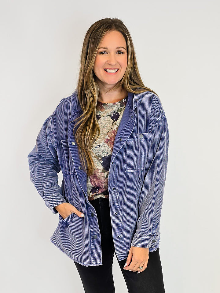 ACID WASH CORDUROY HOODED SHACKET - BLUE