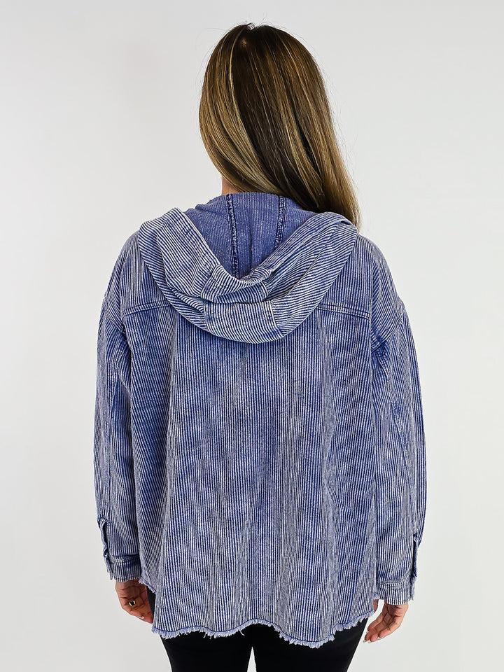 ACID WASH CORDUROY HOODED SHACKET - BLUE