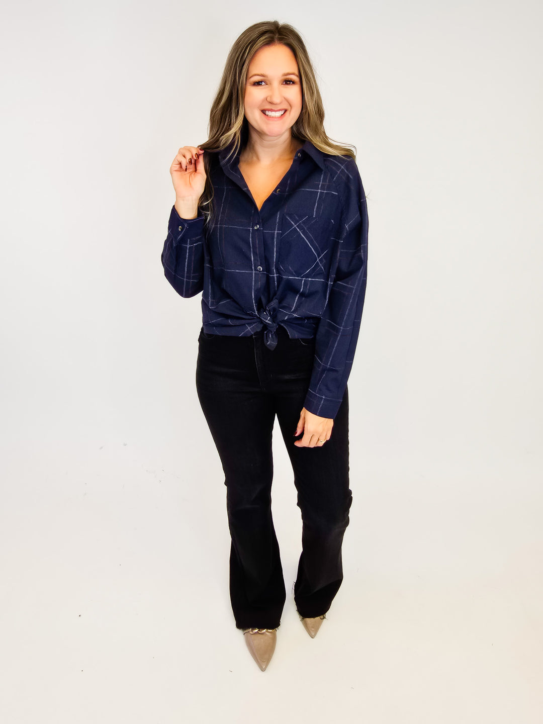 COLLARED CHECK PATTERN LONG SLEEVE SHIRT - NAVY