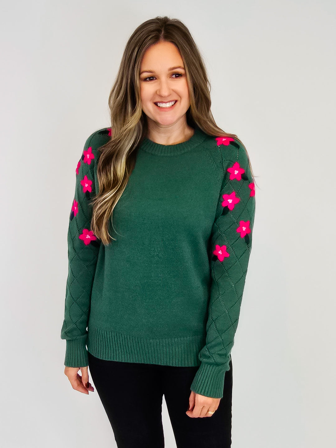 FLORAL EMBROIDERED CREW NECK SWEATER - PINE GREEN
