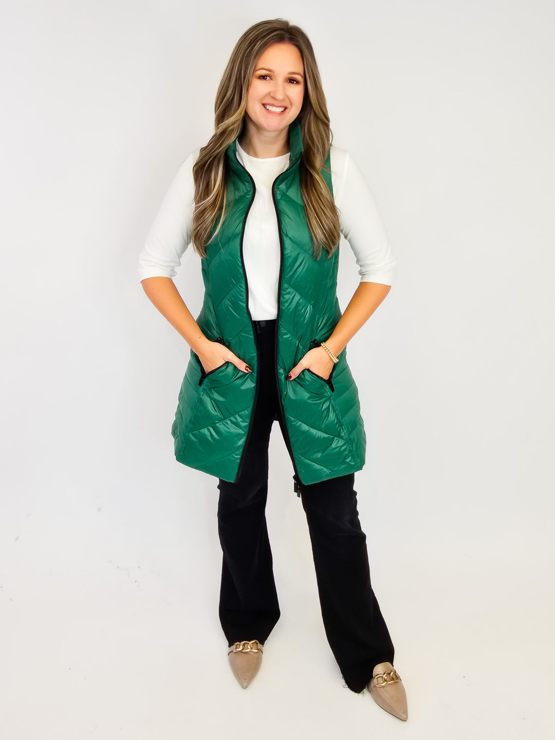 ANORAK CHEVRON QUILTED PACKABLE PUFF VEST W/BAG - EMERALD
