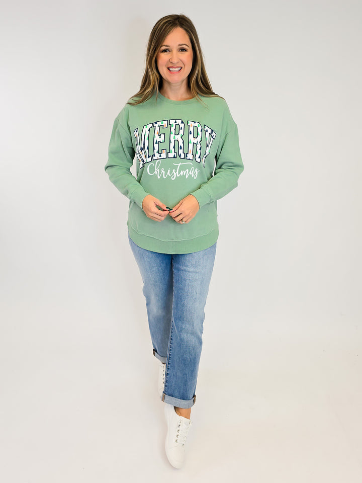 'MERRY LITTLE TREES' CREW NECK PULLOVER - SAGE