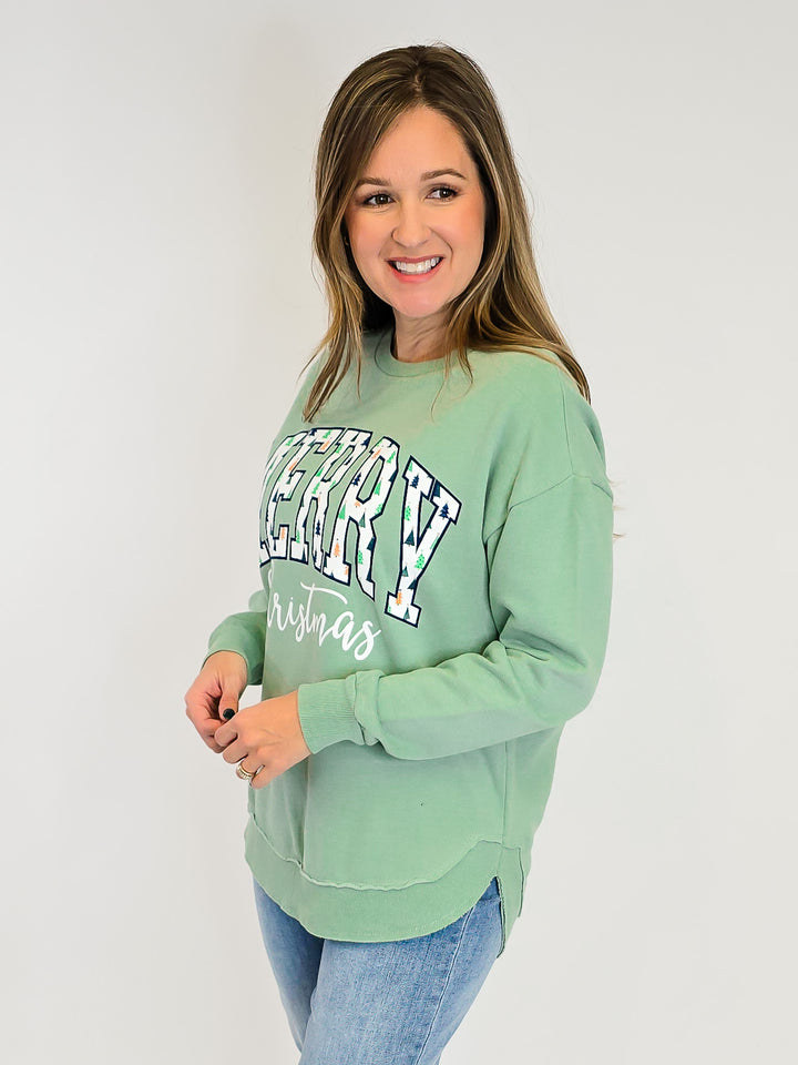 'MERRY LITTLE TREES' CREW NECK PULLOVER - SAGE