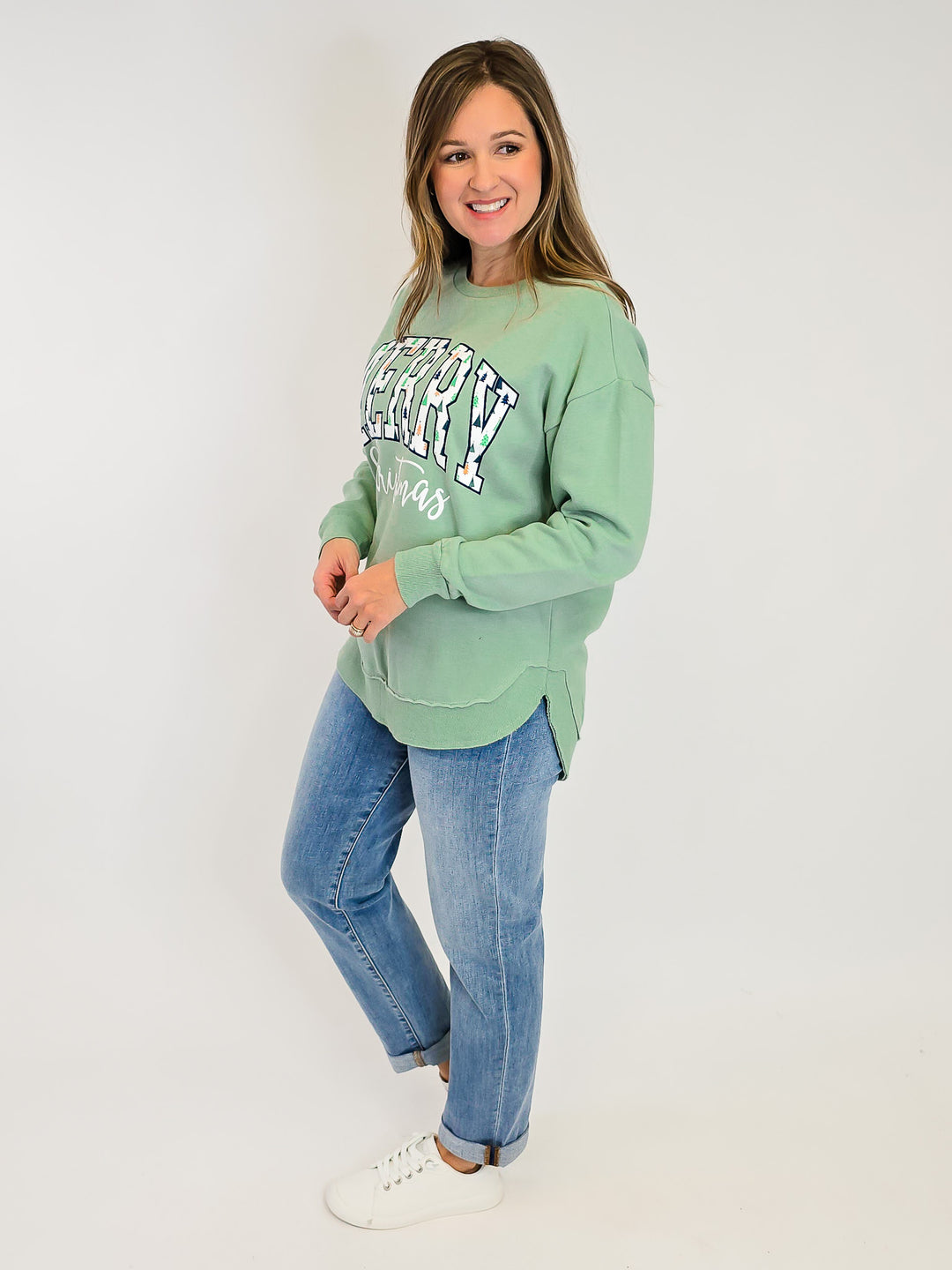 'MERRY LITTLE TREES' CREW NECK PULLOVER - SAGE