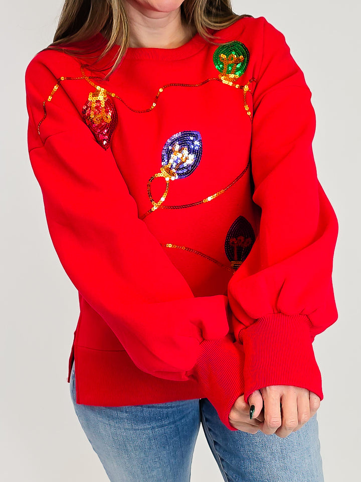 SEQUIN CHRISTMAS LIGHTS SWEATSHIRT - RED