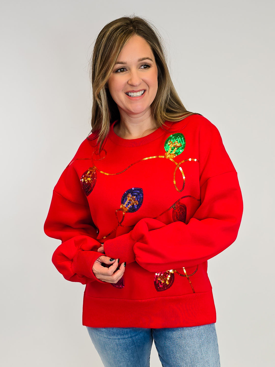 SEQUIN CHRISTMAS LIGHTS SWEATSHIRT - RED