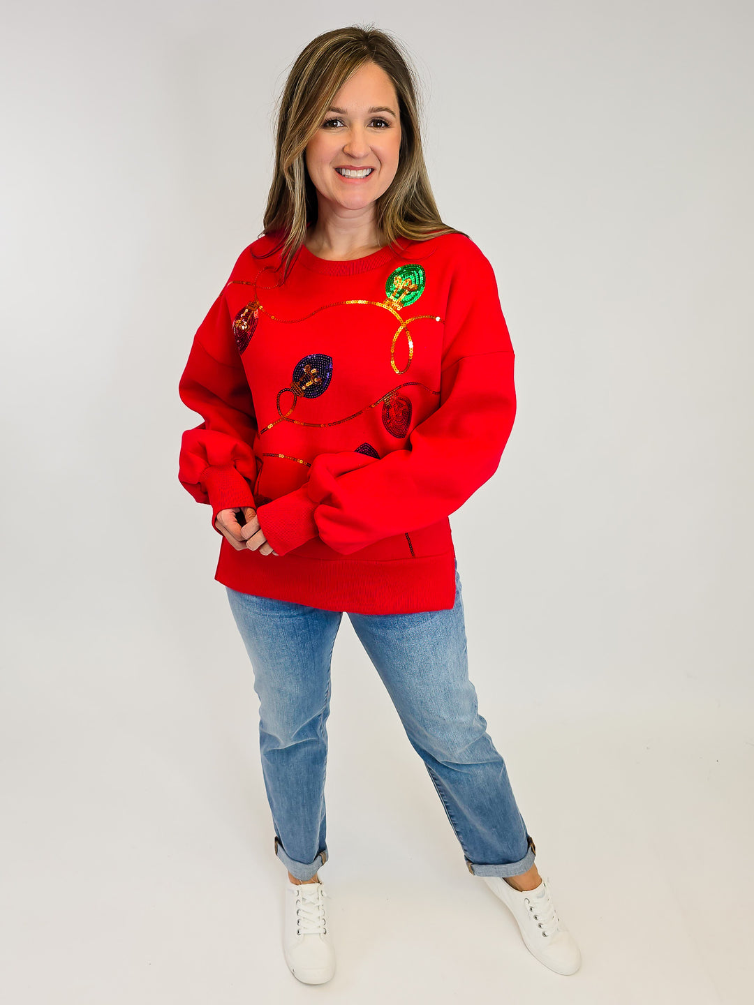 SEQUIN CHRISTMAS LIGHTS SWEATSHIRT - RED