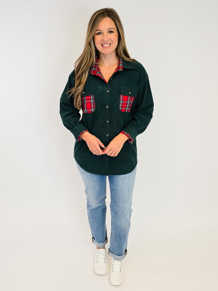 REVERSIBLE CORDUROY AND PLAID SHACKET - DARK GREEN/RED