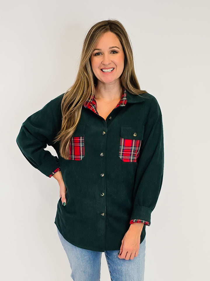 REVERSIBLE CORDUROY AND PLAID SHACKET - DARK GREEN/RED