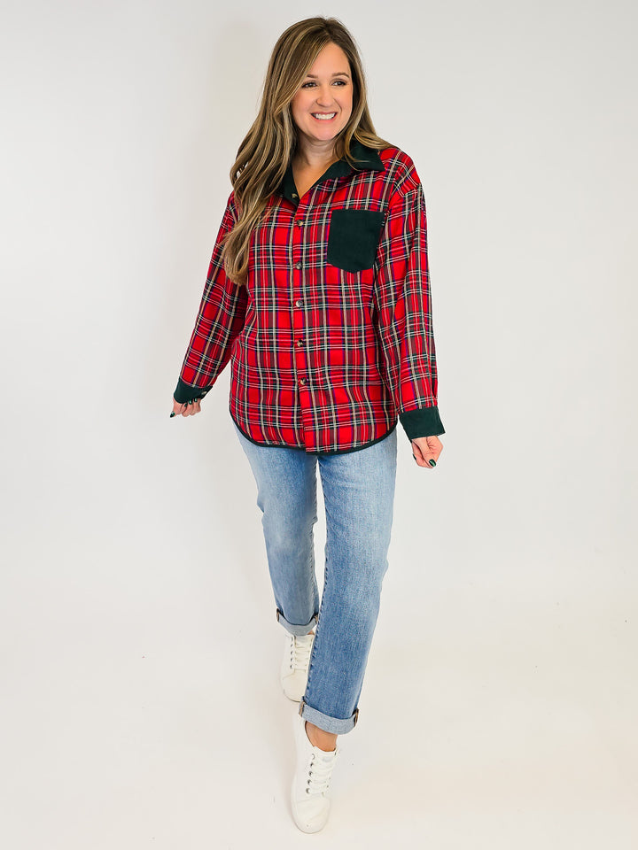 REVERSIBLE CORDUROY AND PLAID SHACKET - DARK GREEN/RED