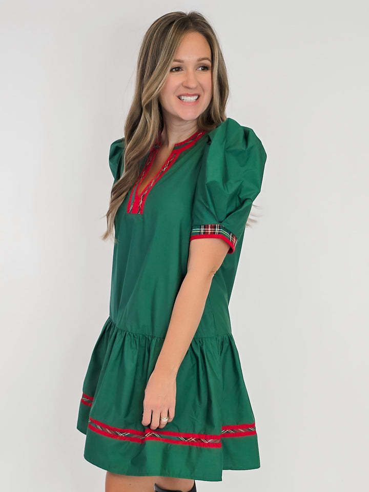SHORT PUFF SLEEVE SHORT DRESS - GREEN/RED