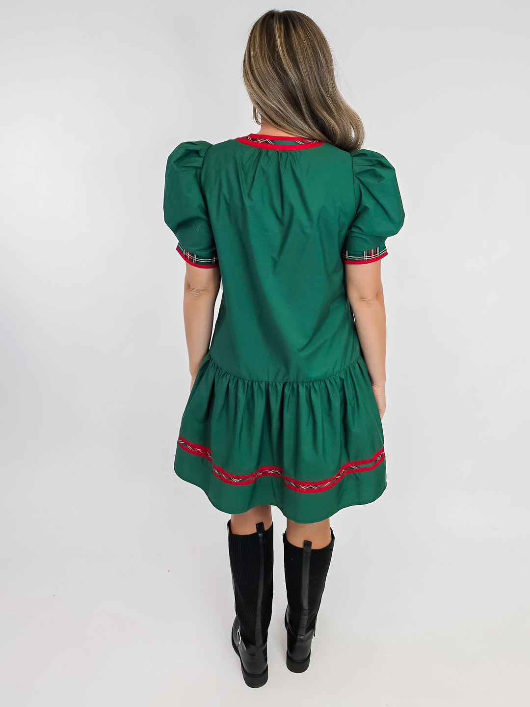 SHORT PUFF SLEEVE SHORT DRESS - GREEN/RED