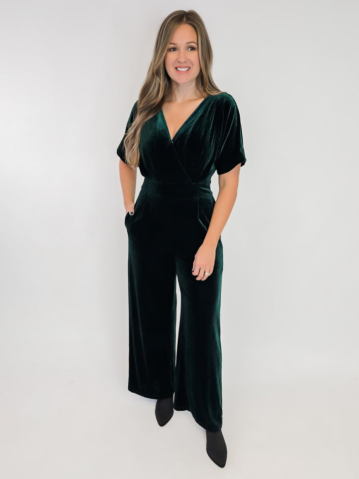 SURPLICE NECK VELVET JUMPSUIT - HUNTER GREEN