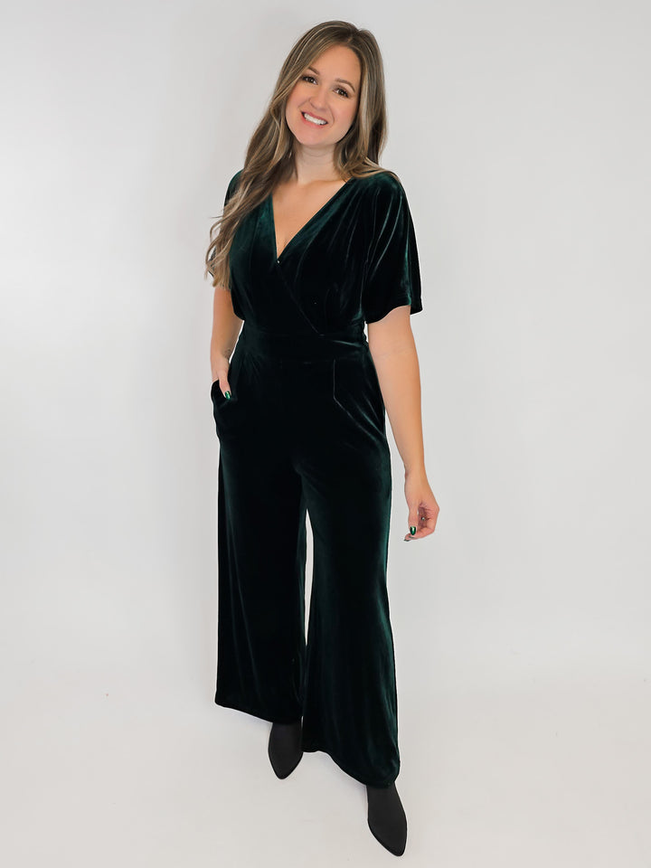 SURPLICE NECK VELVET JUMPSUIT - HUNTER GREEN