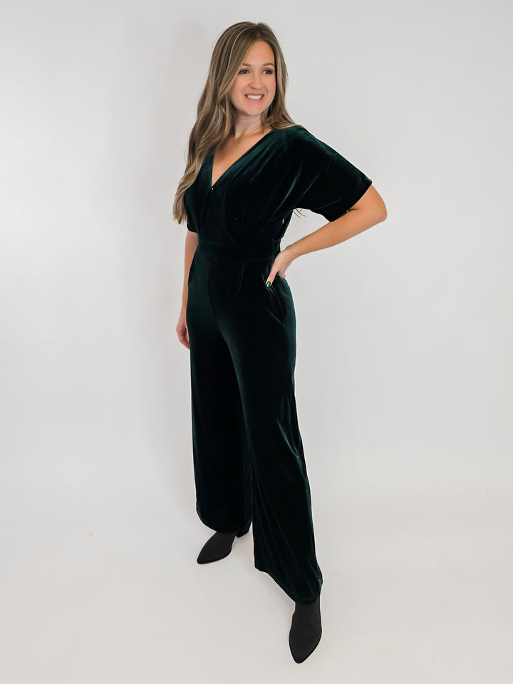 SURPLICE NECK VELVET JUMPSUIT - HUNTER GREEN