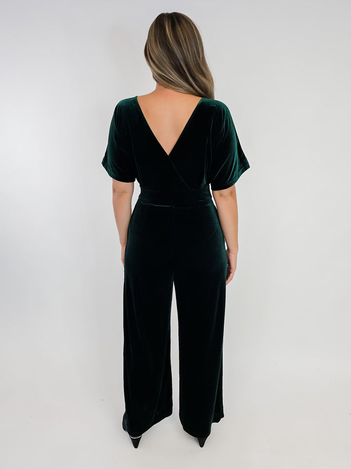 SURPLICE NECK VELVET JUMPSUIT - HUNTER GREEN