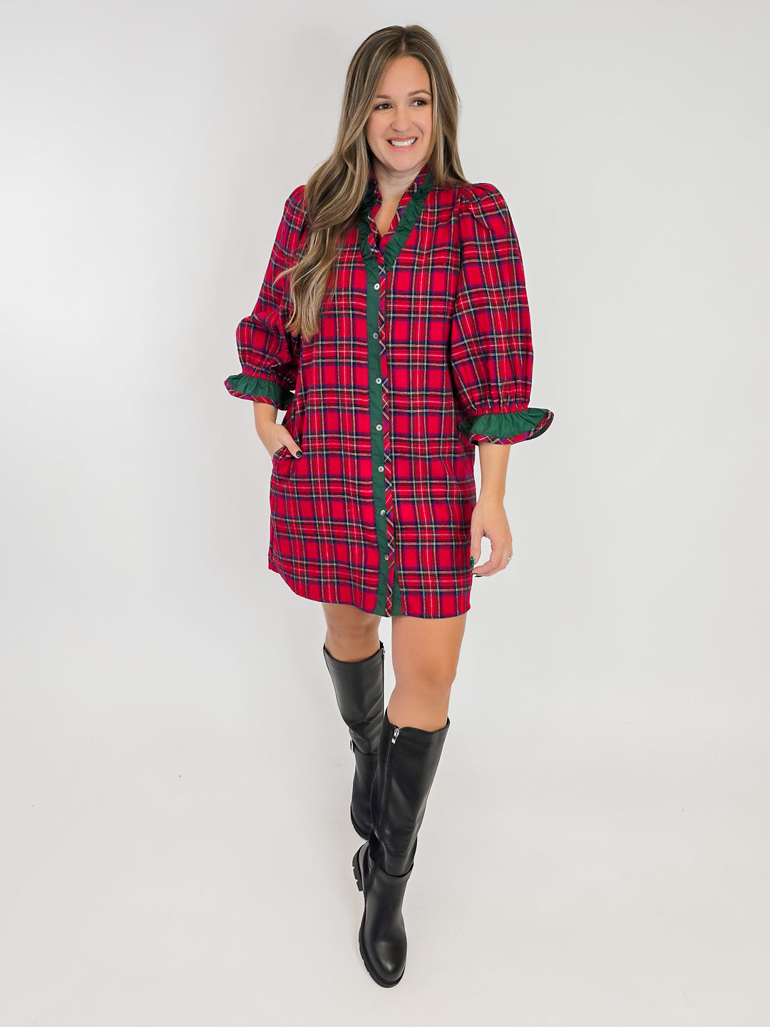 3/4 PUFF SLEEVE PLAID CONTRAST DETAIL SHORT DRESS - RED
