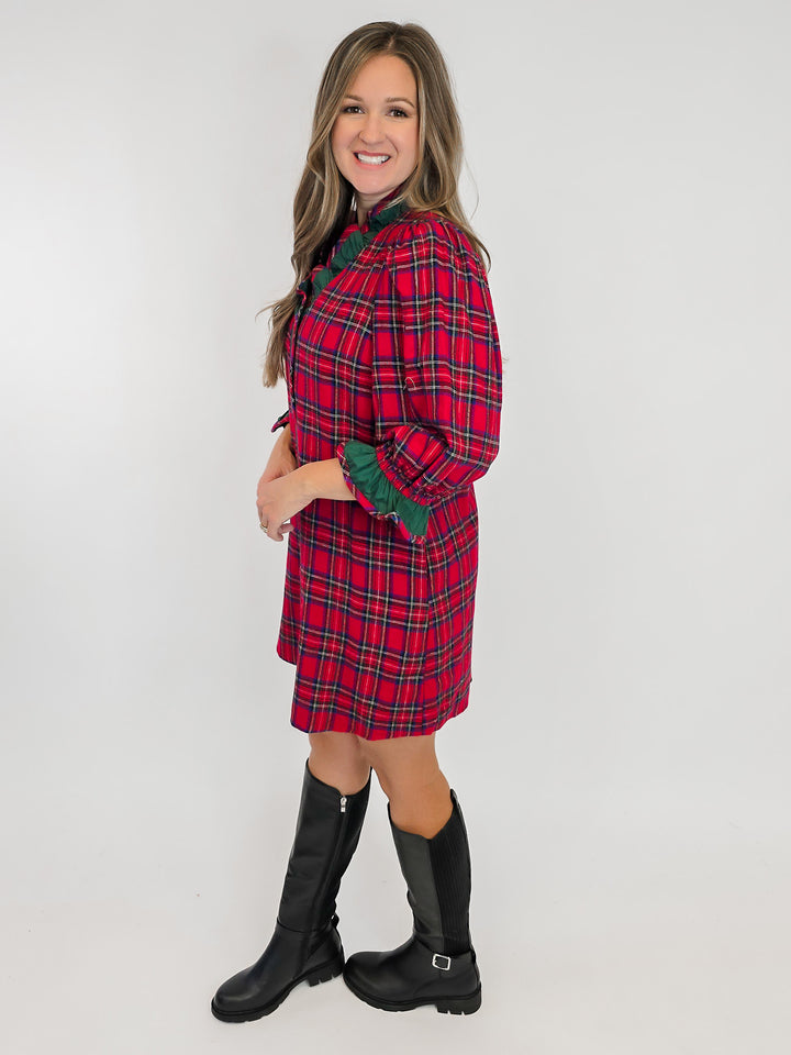 3/4 PUFF SLEEVE PLAID CONTRAST DETAIL SHORT DRESS - RED