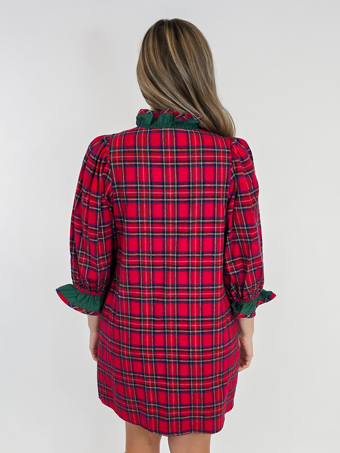 3/4 PUFF SLEEVE PLAID CONTRAST DETAIL SHORT DRESS - RED
