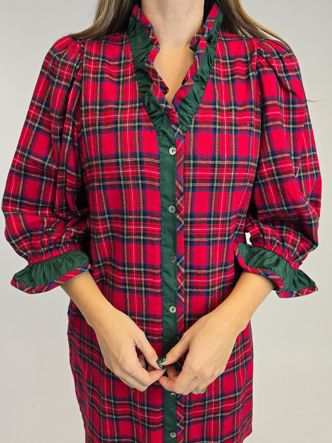 3/4 PUFF SLEEVE PLAID CONTRAST DETAIL SHORT DRESS - RED