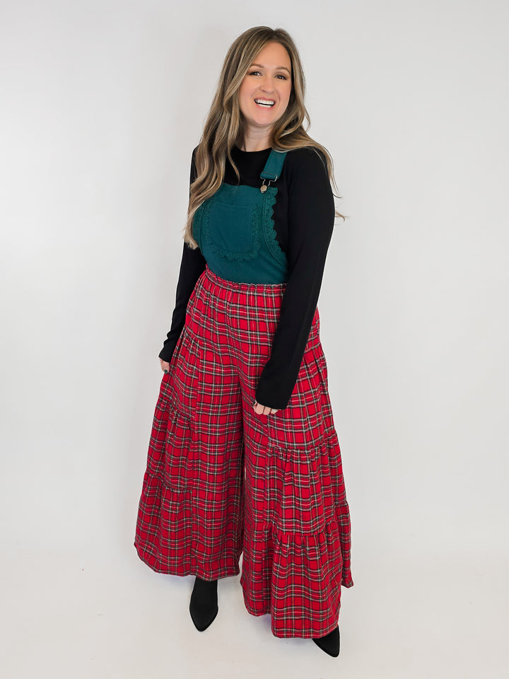 PLAID CONTRAST LACE TRIM WIDE LEG JUMPSUIT - HUNTER GREEN