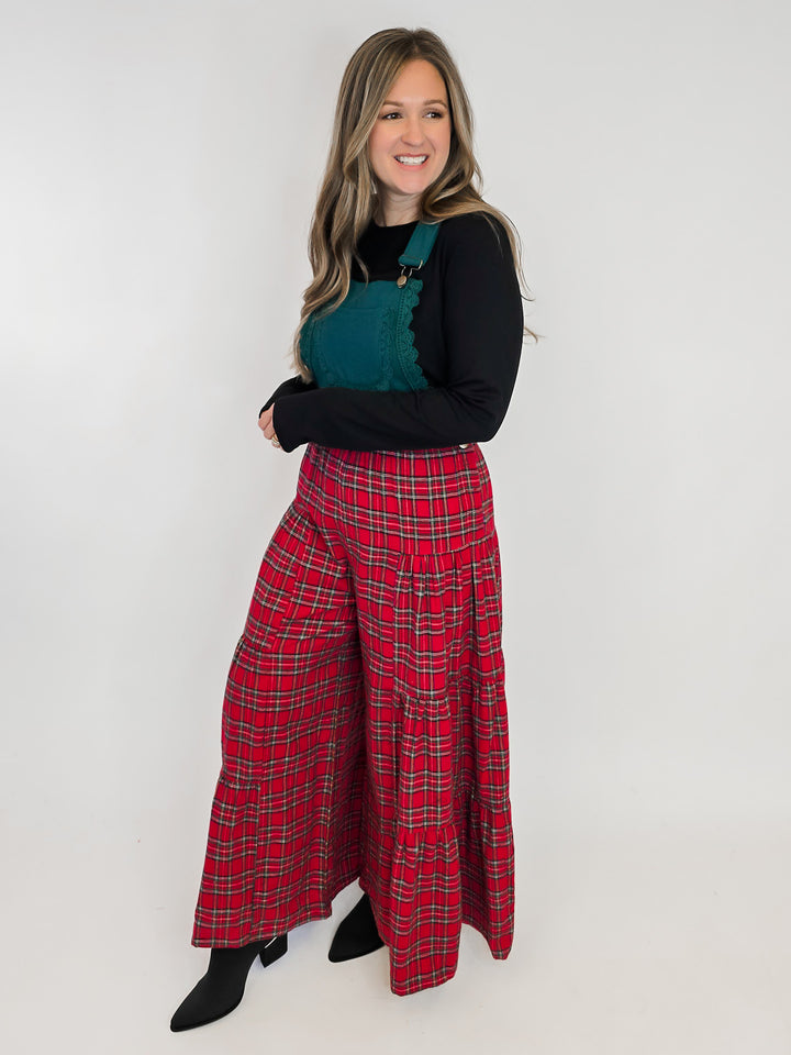 PLAID CONTRAST LACE TRIM WIDE LEG JUMPSUIT - HUNTER GREEN