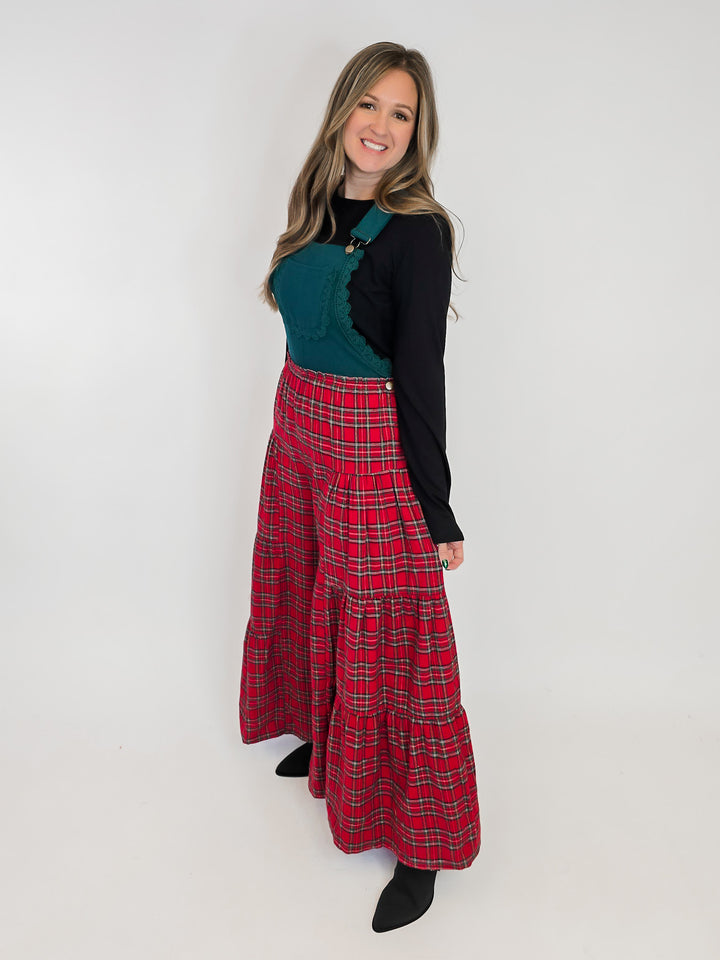 PLAID CONTRAST LACE TRIM WIDE LEG JUMPSUIT - HUNTER GREEN