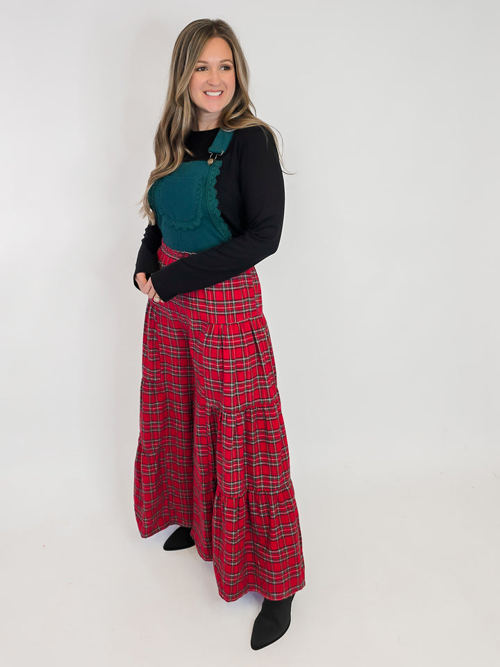 PLAID CONTRAST LACE TRIM WIDE LEG JUMPSUIT - HUNTER GREEN