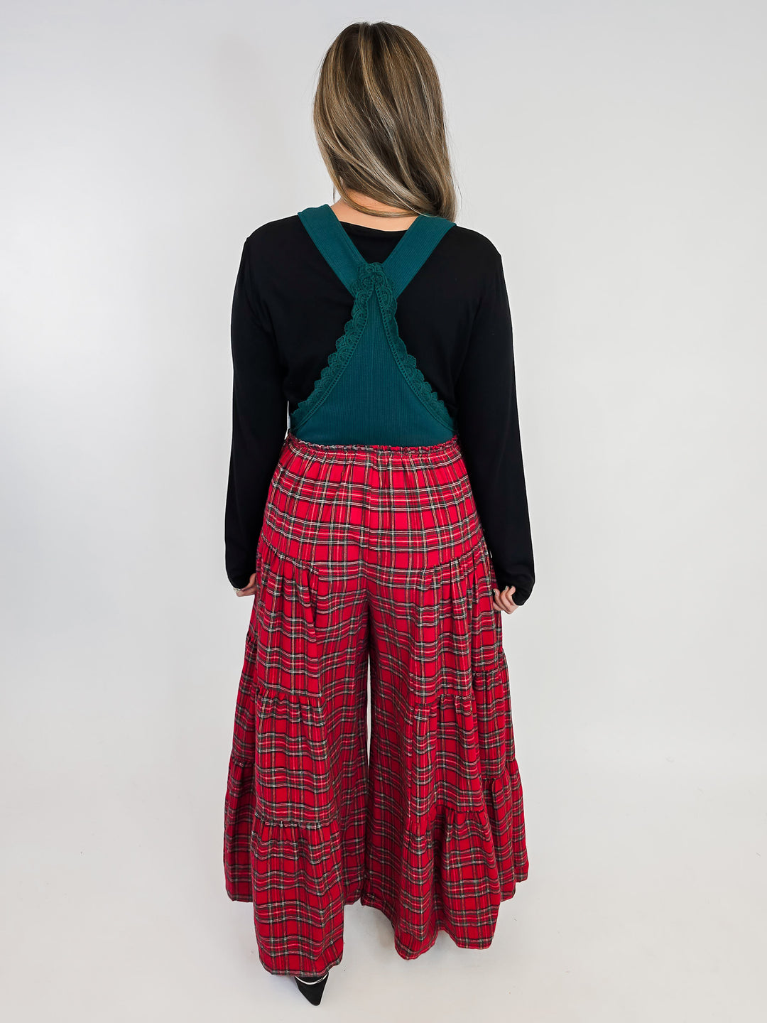 PLAID CONTRAST LACE TRIM WIDE LEG JUMPSUIT - HUNTER GREEN