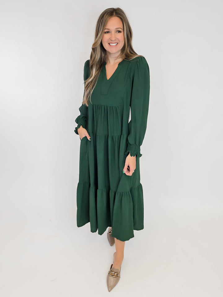 TIERED MIDI DRESS W/SMOCKED CUFFS - HUNTER GREEN