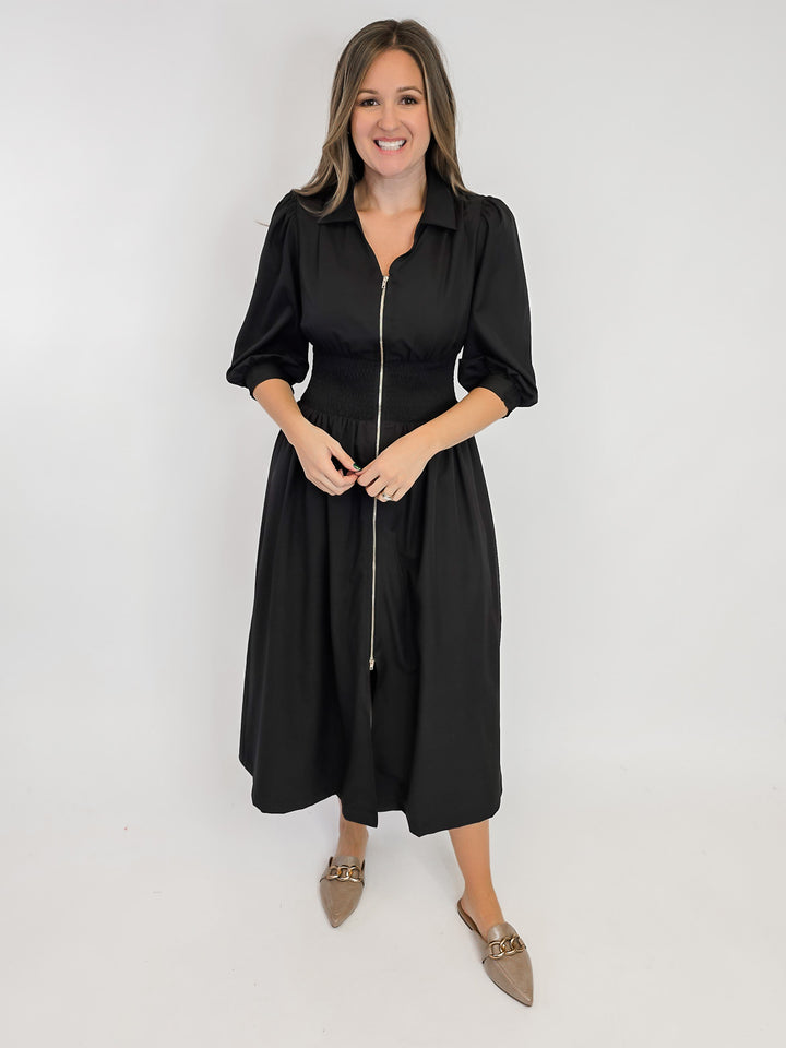 SMOCKED WAIST MIDI DRESS W/ZIP - BLACK