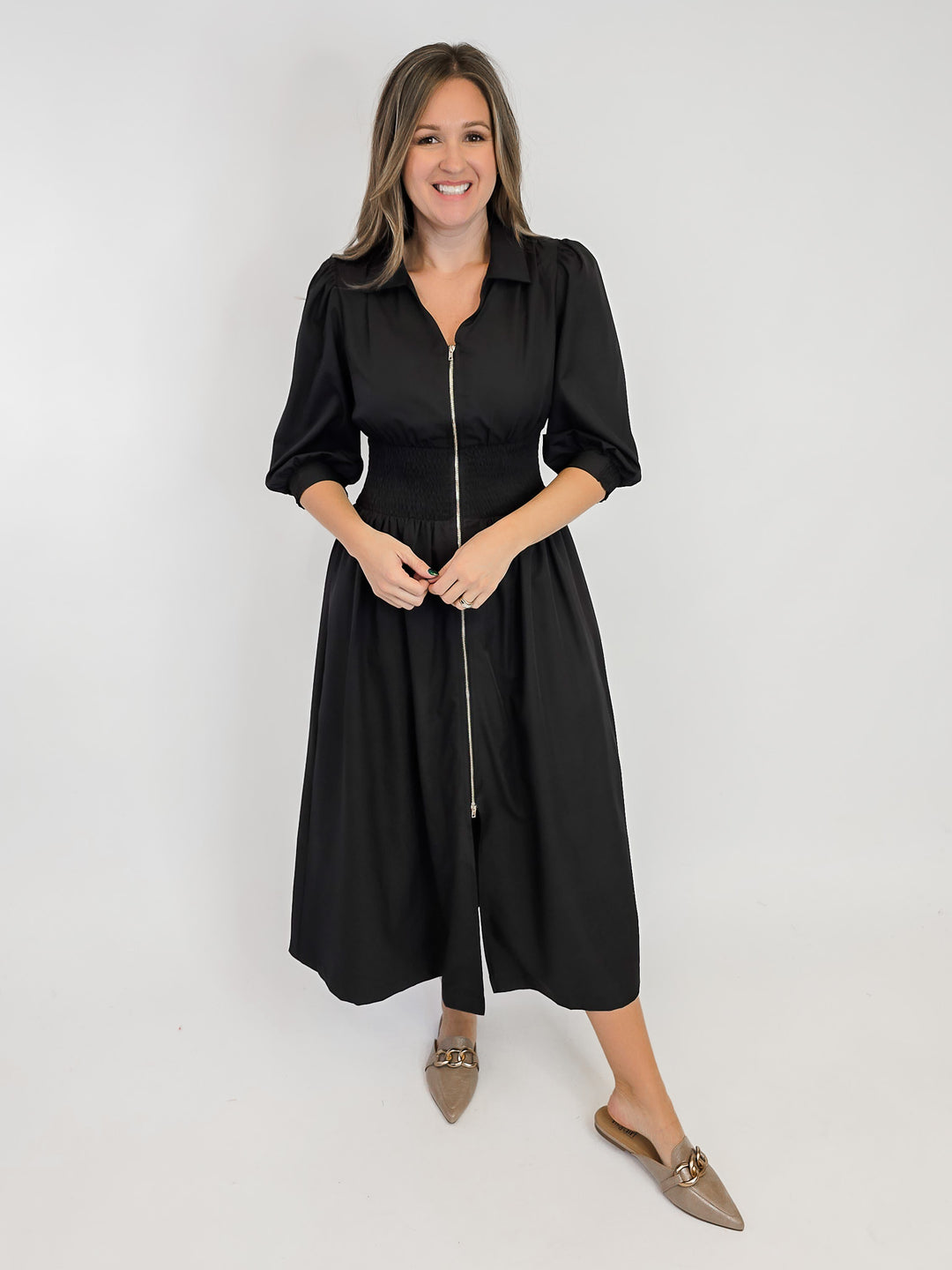 SMOCKED WAIST MIDI DRESS W/ZIP - BLACK