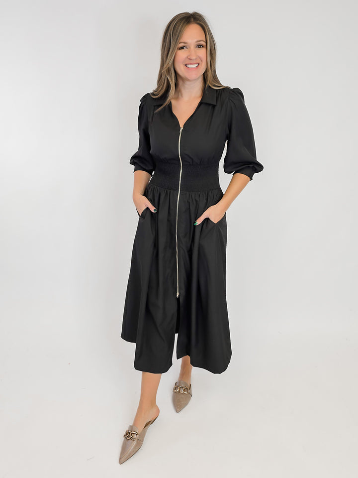 SMOCKED WAIST MIDI DRESS W/ZIP - BLACK