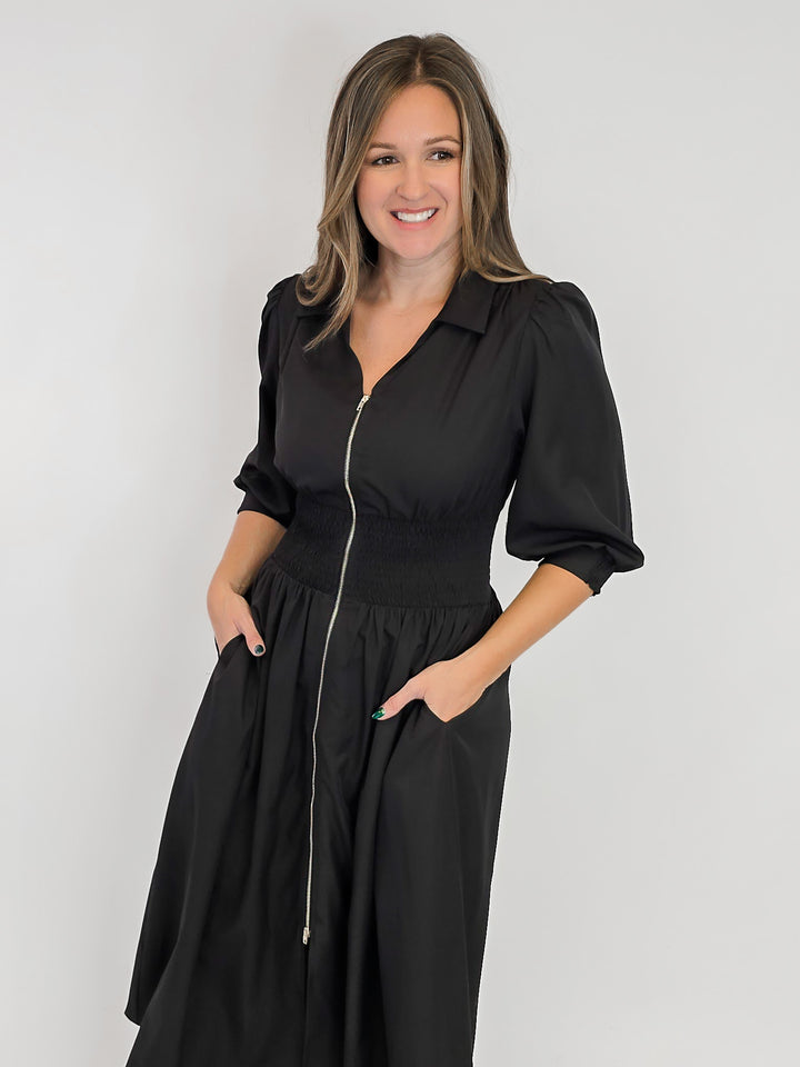 SMOCKED WAIST MIDI DRESS W/ZIP - BLACK
