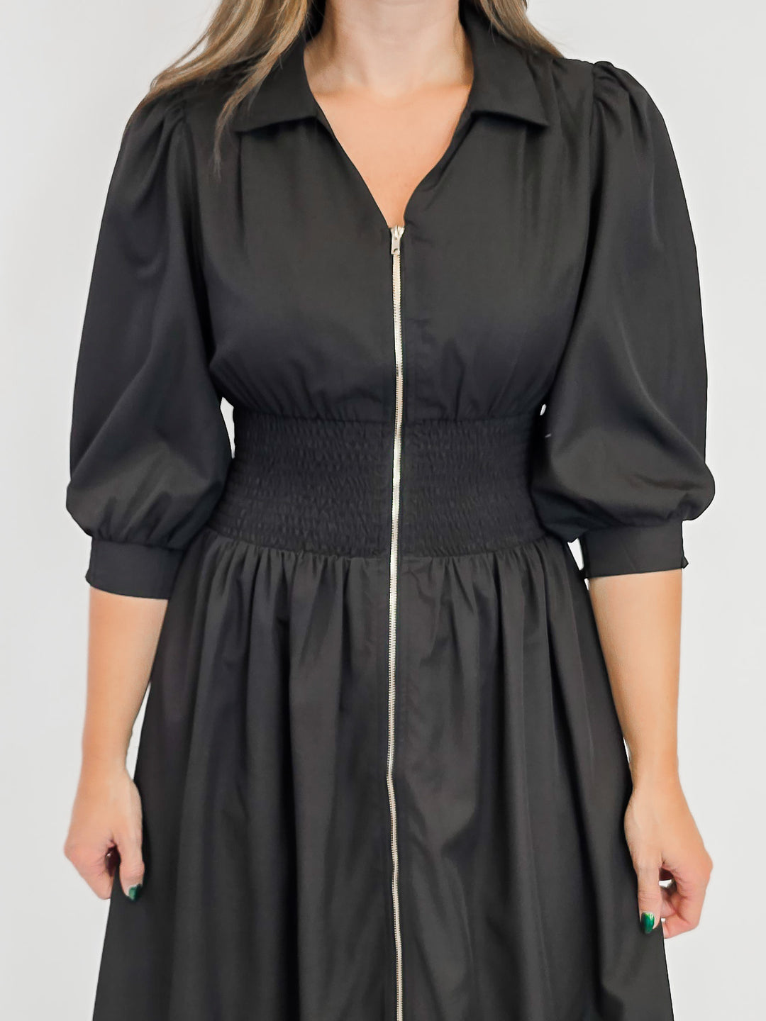 SMOCKED WAIST MIDI DRESS W/ZIP - BLACK