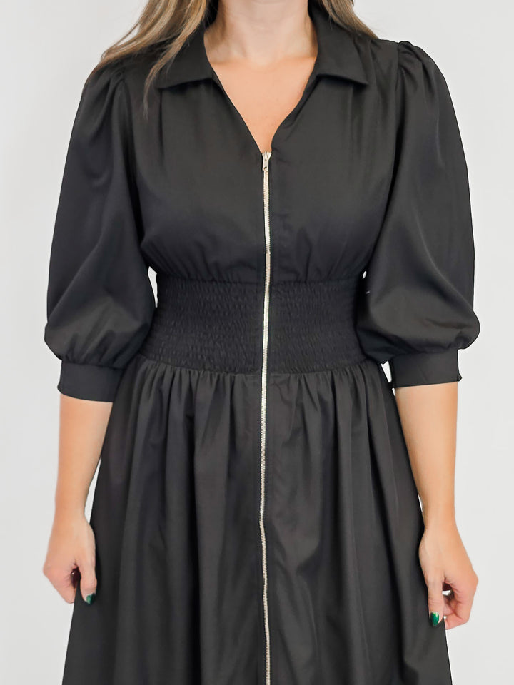 SMOCKED WAIST MIDI DRESS W/ZIP - BLACK