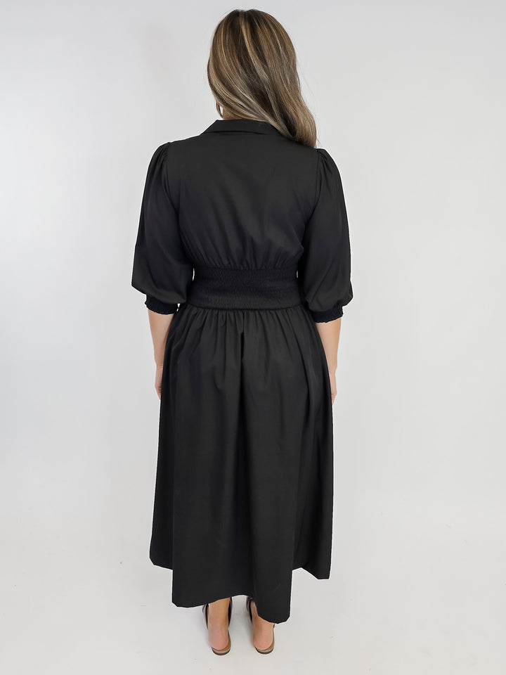 SMOCKED WAIST MIDI DRESS W/ZIP - BLACK