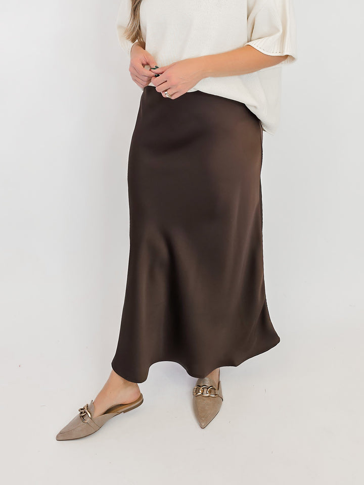 LONG SATIN SKIRT - BROWN