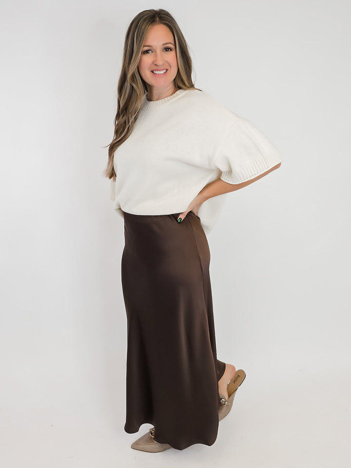 LONG SATIN SKIRT - BROWN