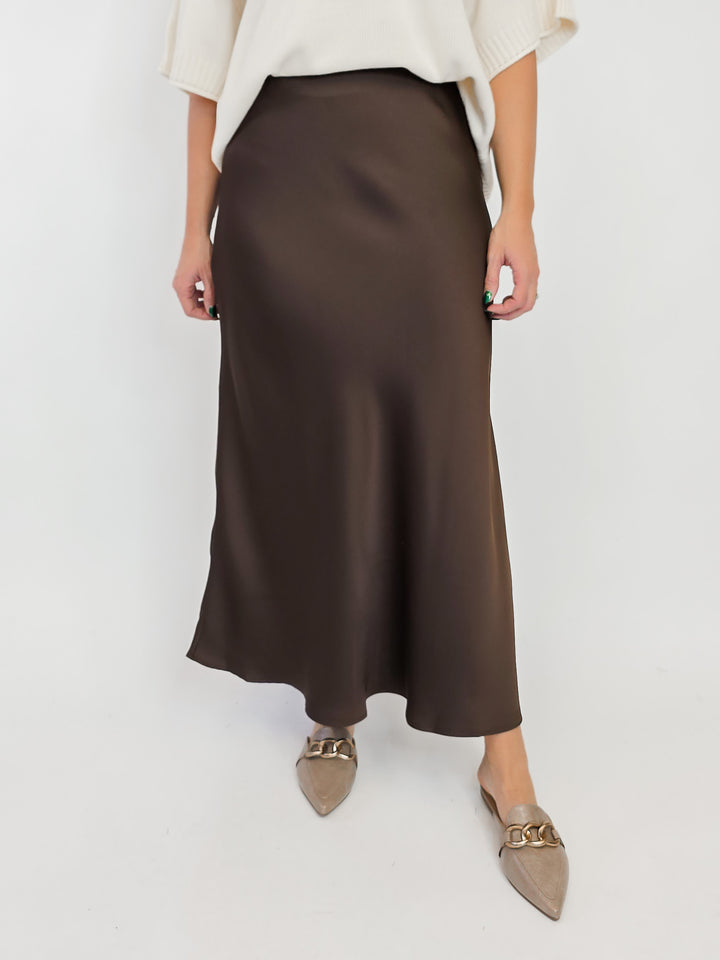 LONG SATIN SKIRT - BROWN