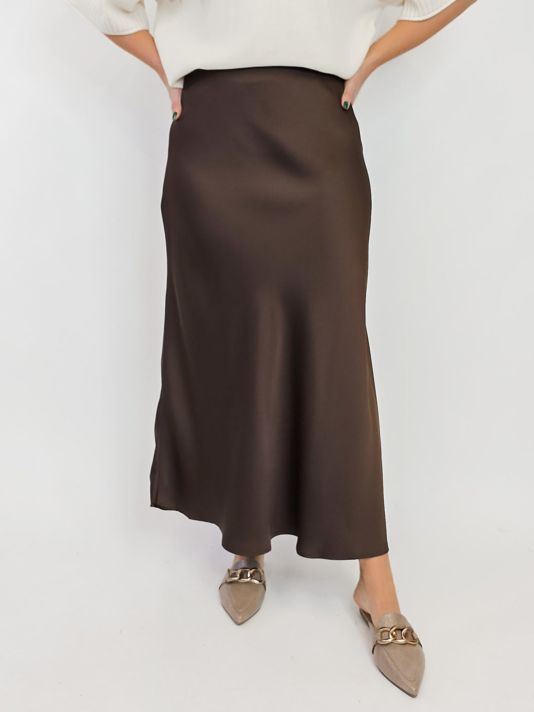 LONG SATIN SKIRT - BROWN