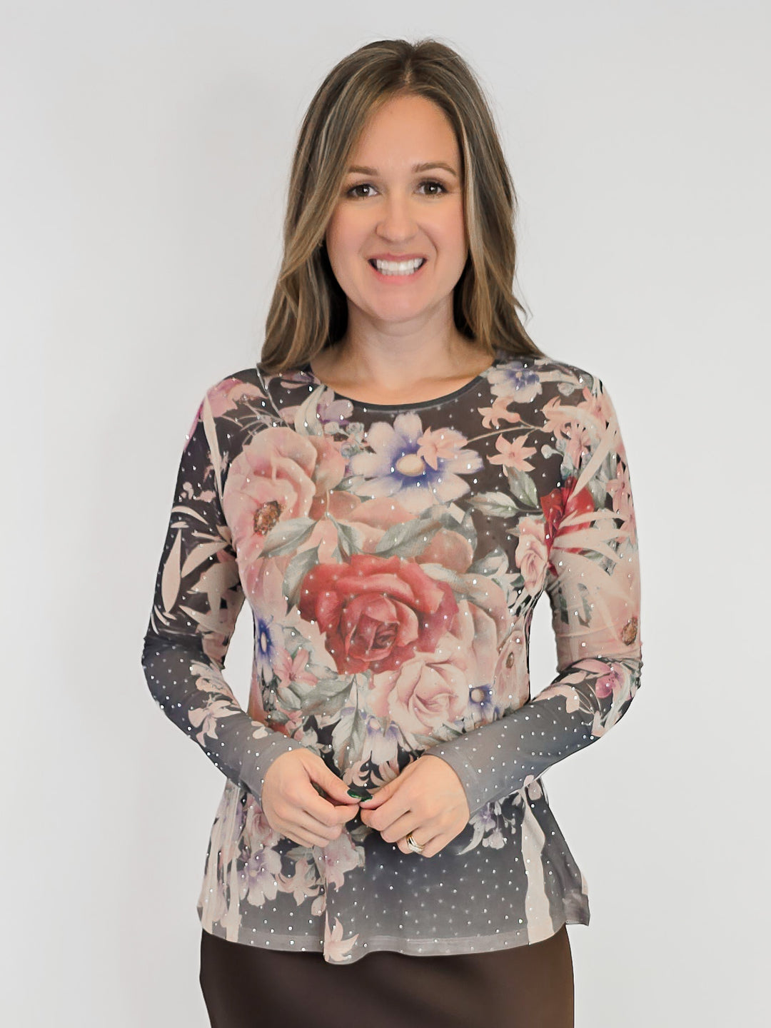 FLORAL MESH TOP WITH RHINESTONES - BLACK