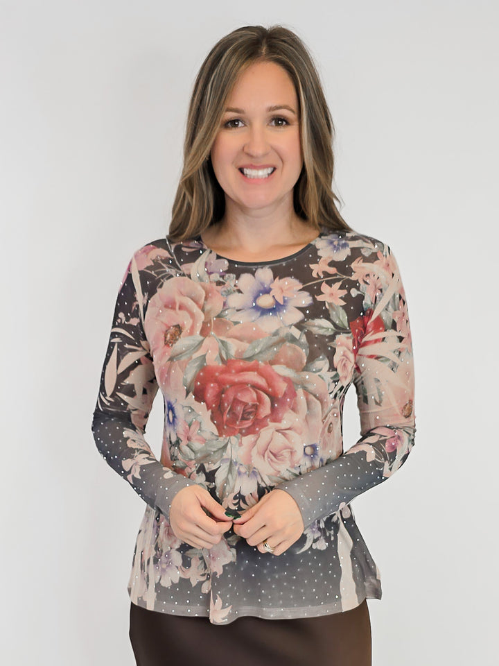 FLORAL MESH TOP WITH RHINESTONES - BLACK