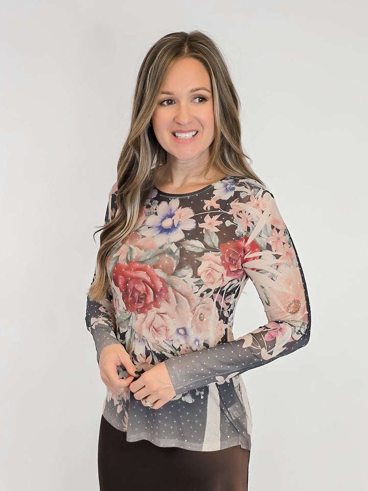 FLORAL MESH TOP WITH RHINESTONES - BLACK