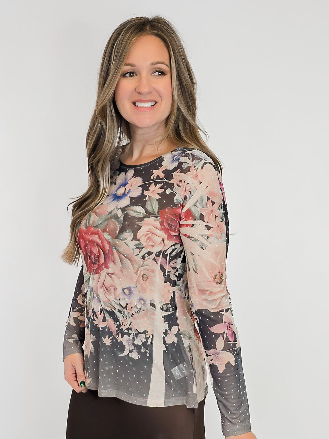 FLORAL MESH TOP WITH RHINESTONES - BLACK