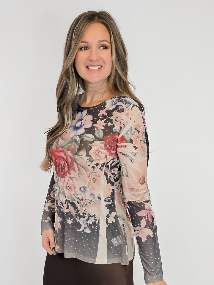 FLORAL MESH TOP WITH RHINESTONES - BLACK