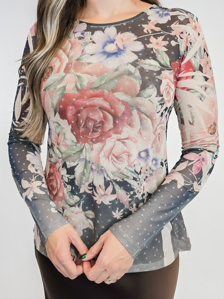 FLORAL MESH TOP WITH RHINESTONES - BLACK