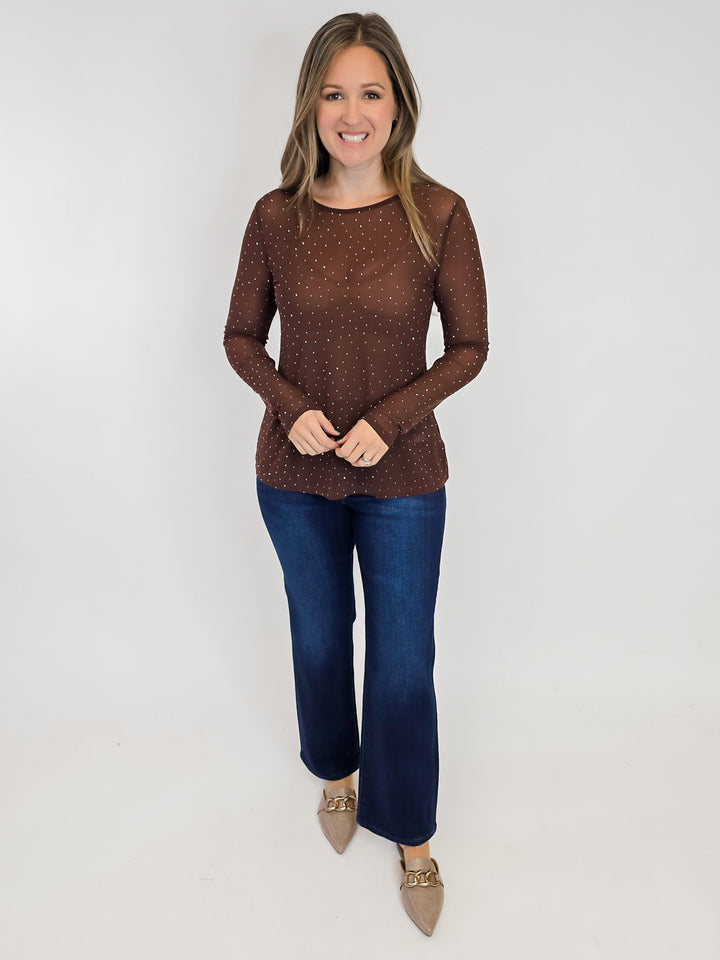 LONG SLEEVE SPARKLY MESH TOP - BROWN