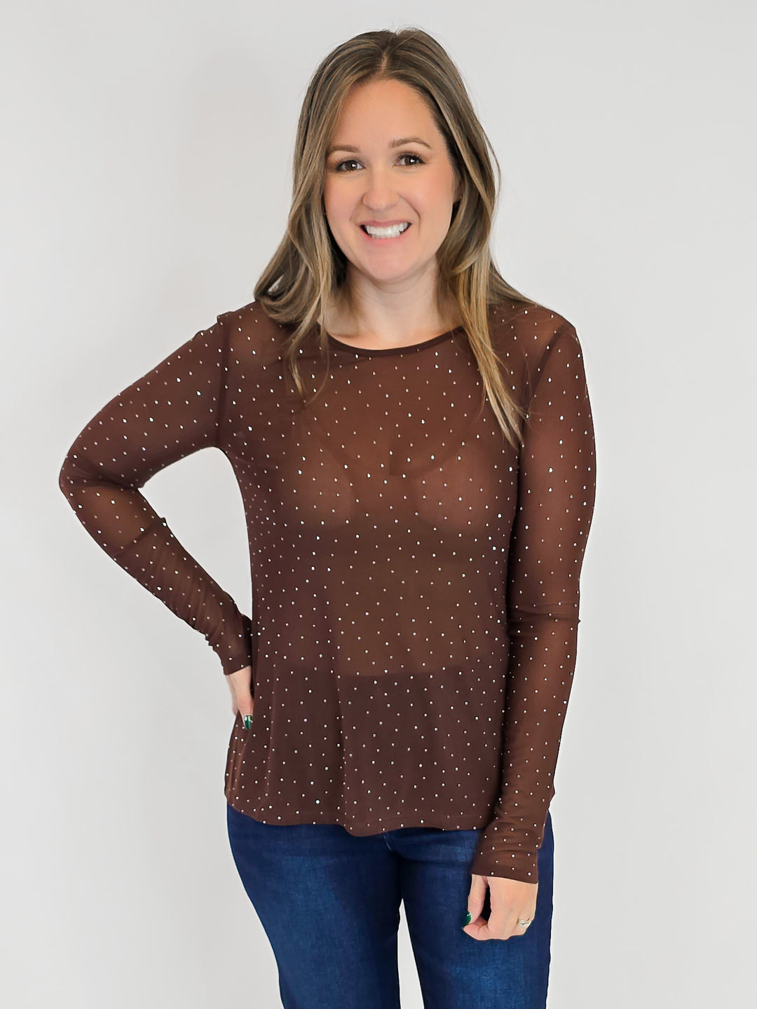 LONG SLEEVE SPARKLY MESH TOP - BROWN