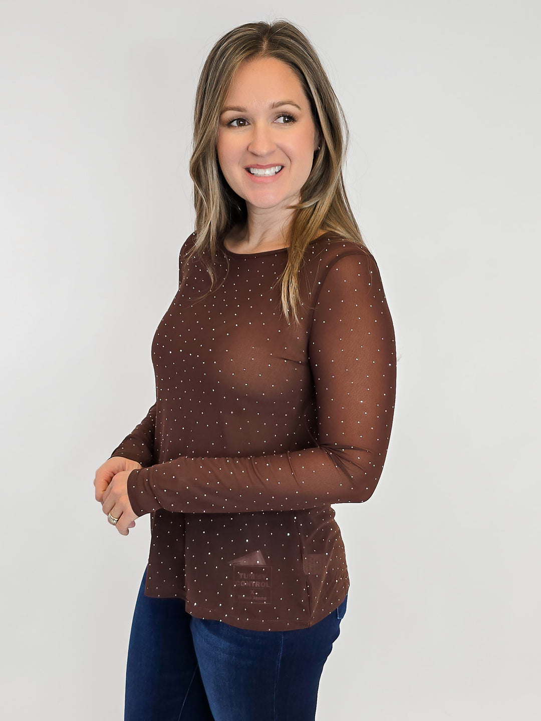 LONG SLEEVE SPARKLY MESH TOP - BROWN